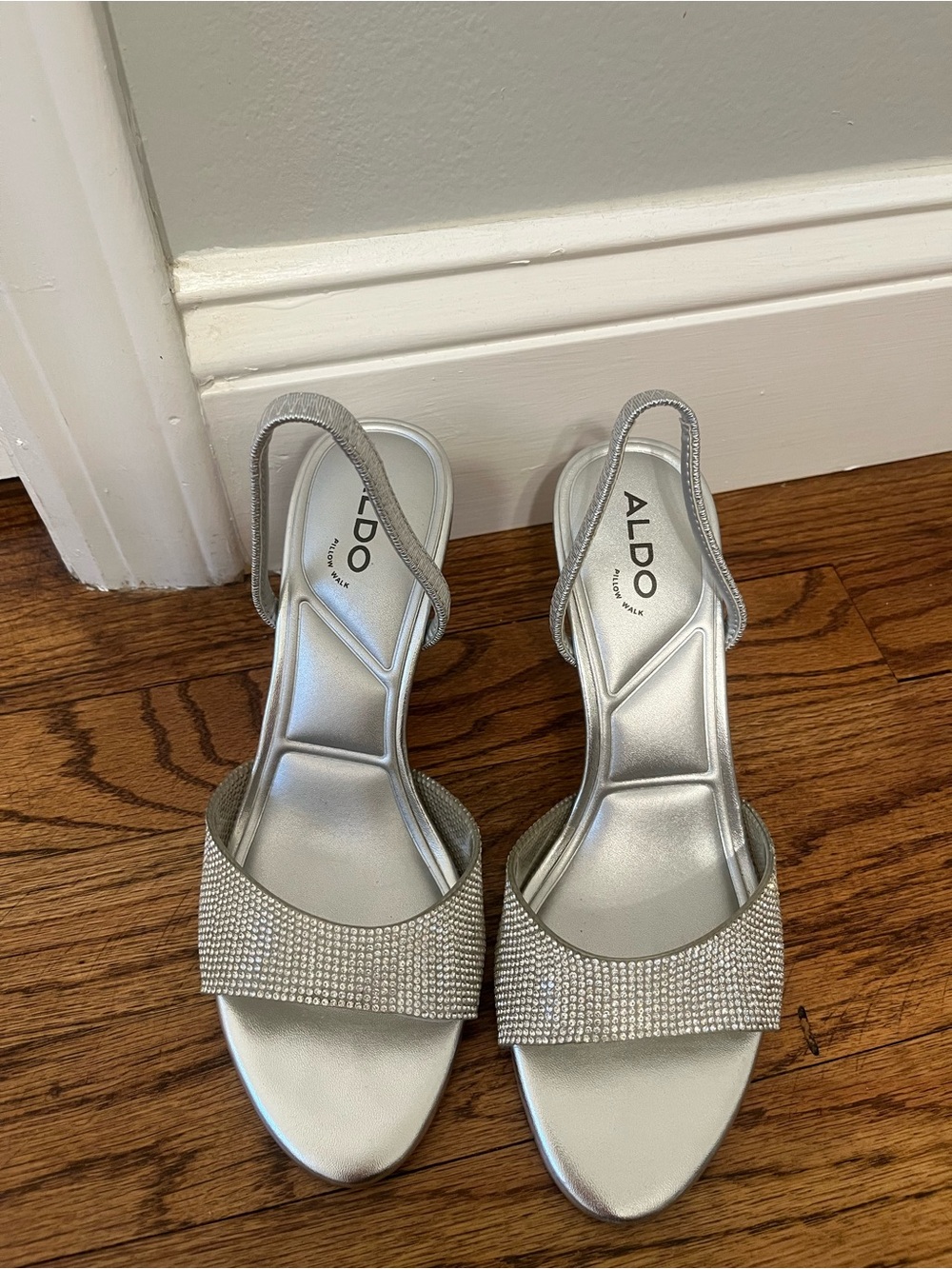 Aldo Silver Rhinestone Open-Toe Slingback Heels